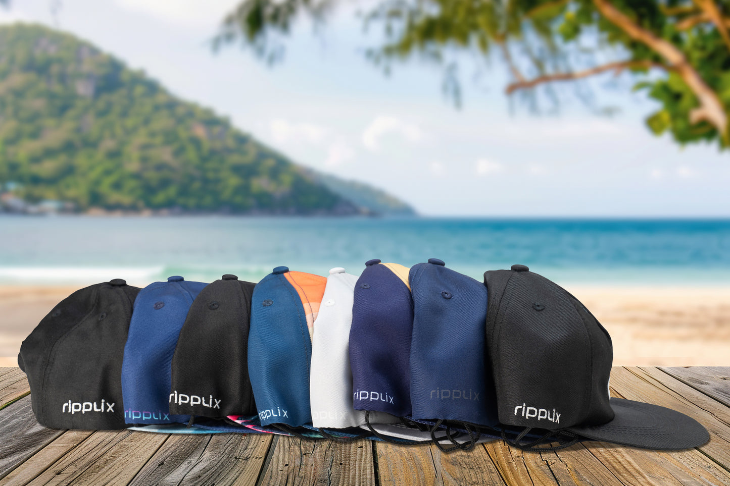 Surf caps at the beach, 8 different designs